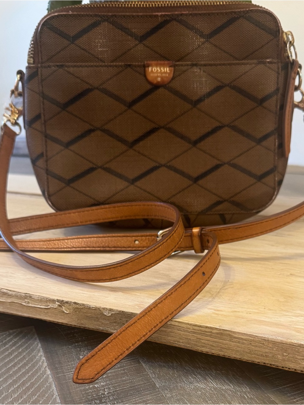 Fossil Brown Geometric Crossbody Purse Adjustable Strap